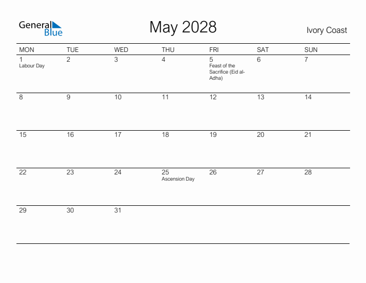 Printable May 2028 Calendar for Ivory Coast