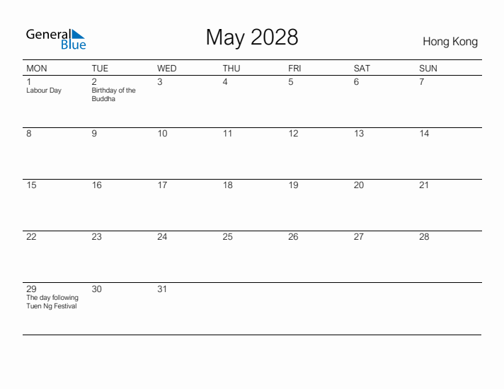 Printable May 2028 Calendar for Hong Kong