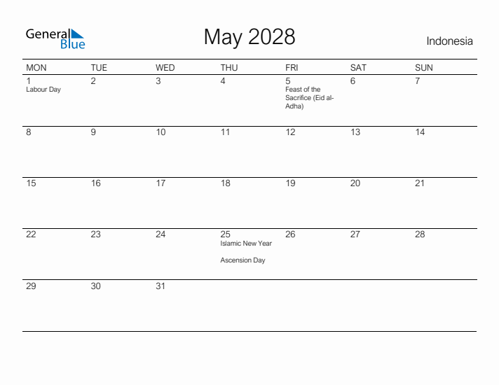 Printable May 2028 Calendar for Indonesia