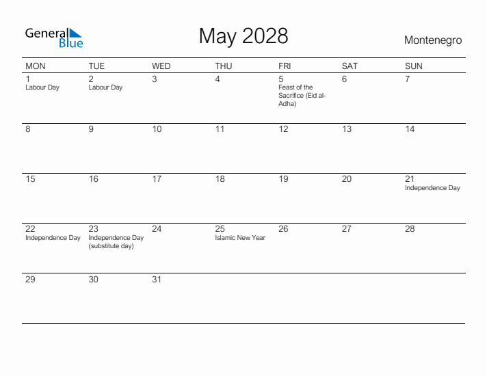 Printable May 2028 Calendar for Montenegro