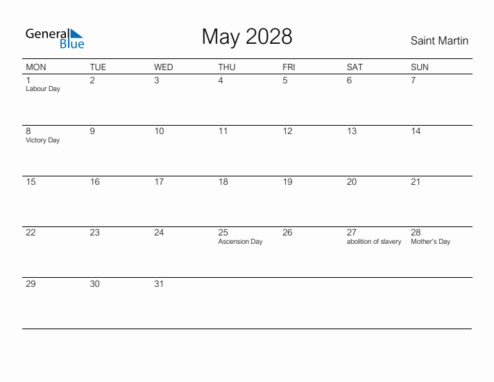 Printable May 2028 Calendar for Saint Martin