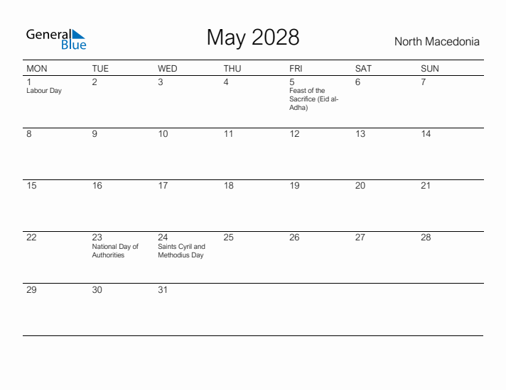 Printable May 2028 Calendar for North Macedonia