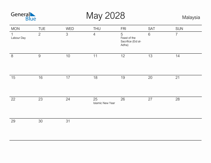 Printable May 2028 Calendar for Malaysia