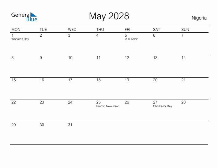Printable May 2028 Calendar for Nigeria
