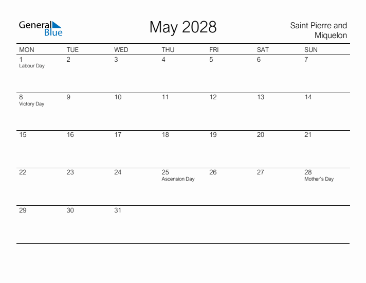 Printable May 2028 Calendar for Saint Pierre and Miquelon