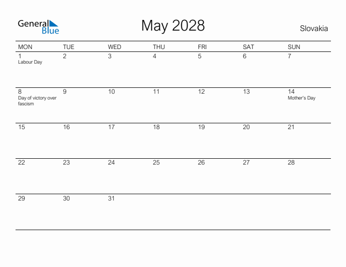 Printable May 2028 Calendar for Slovakia
