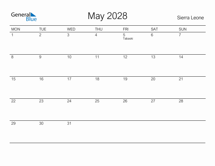 Printable May 2028 Calendar for Sierra Leone