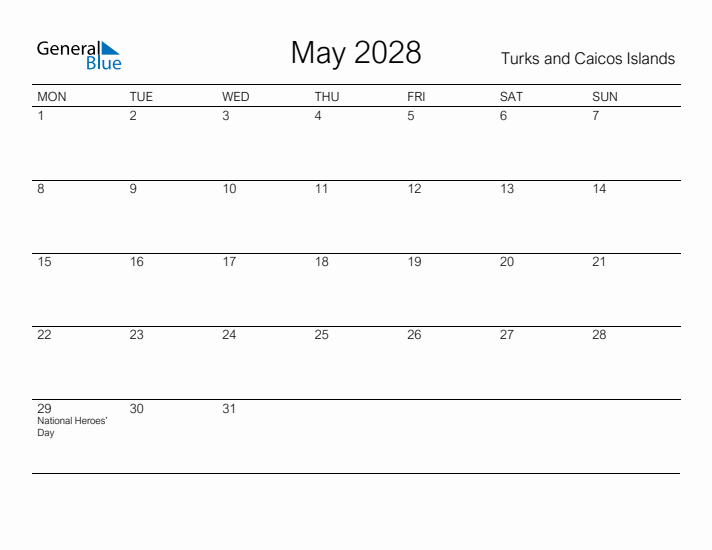 Printable May 2028 Calendar for Turks and Caicos Islands
