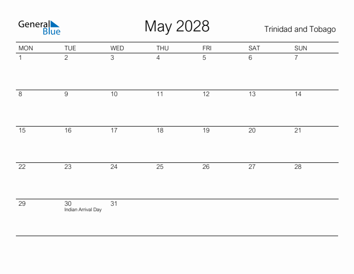 Printable May 2028 Calendar for Trinidad and Tobago