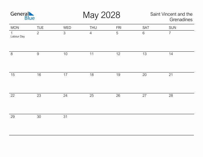 Printable May 2028 Calendar for Saint Vincent and the Grenadines