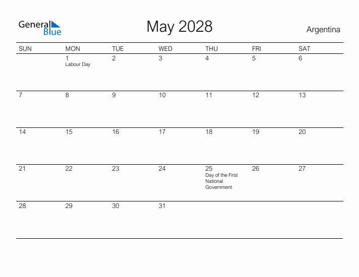 Printable May 2028 Calendar for Argentina