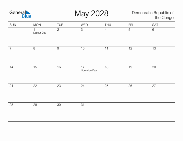 Printable May 2028 Calendar for Democratic Republic of the Congo