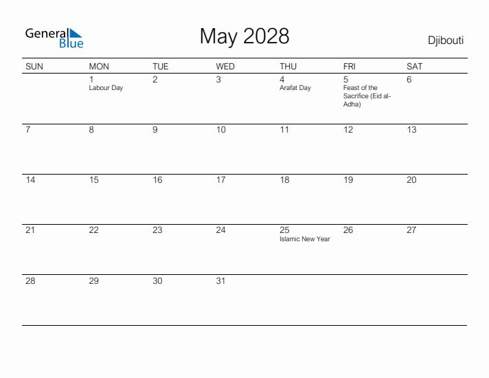 Printable May 2028 Calendar for Djibouti