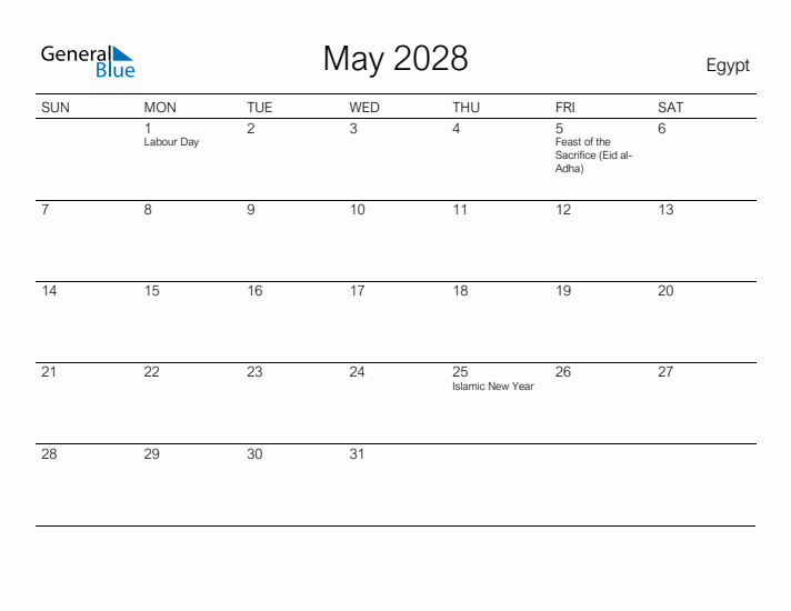 Printable May 2028 Calendar for Egypt