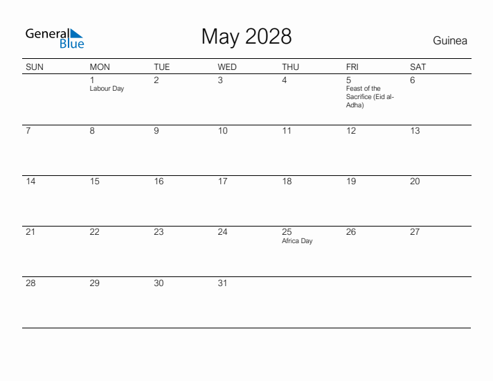 Printable May 2028 Calendar for Guinea