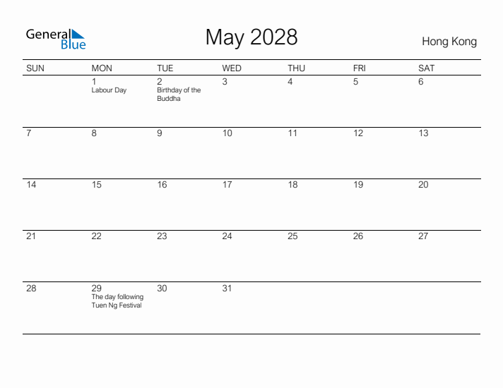 Printable May 2028 Calendar for Hong Kong