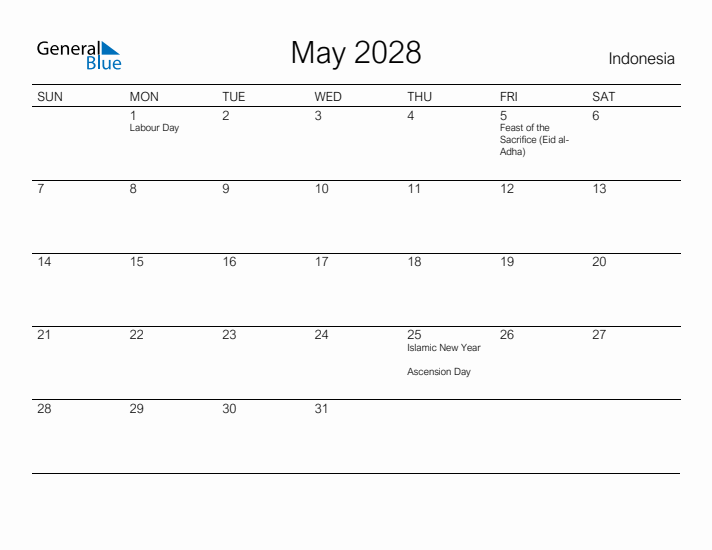 Printable May 2028 Calendar for Indonesia