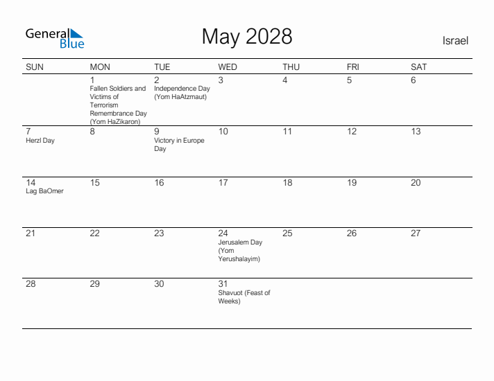 Printable May 2028 Calendar for Israel