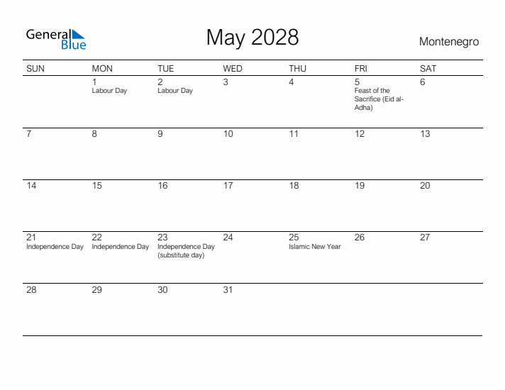 Printable May 2028 Calendar for Montenegro