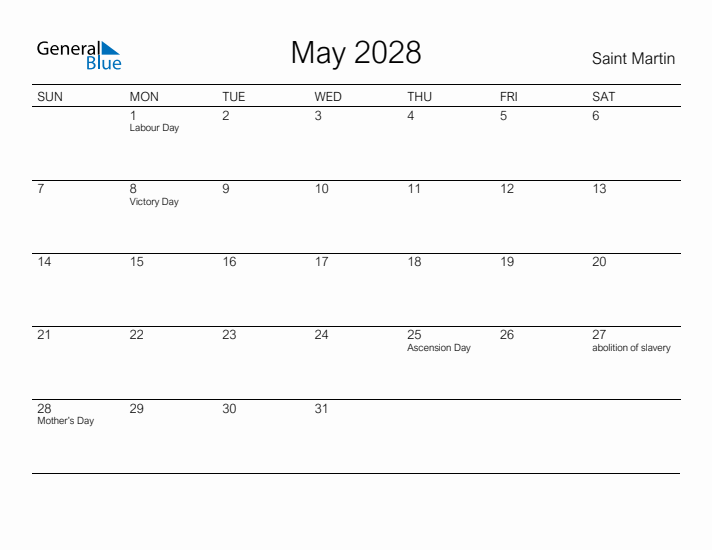 Printable May 2028 Calendar for Saint Martin