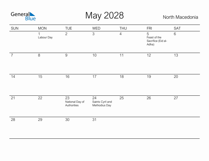 Printable May 2028 Calendar for North Macedonia