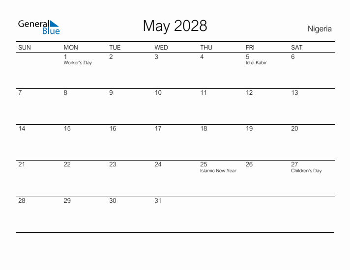Printable May 2028 Calendar for Nigeria