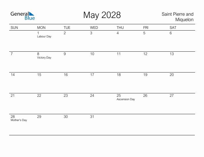 Printable May 2028 Calendar for Saint Pierre and Miquelon
