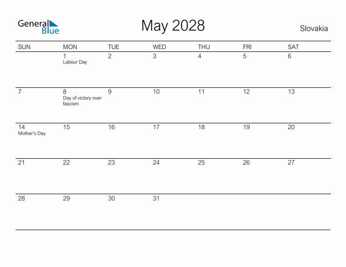 Printable May 2028 Calendar for Slovakia