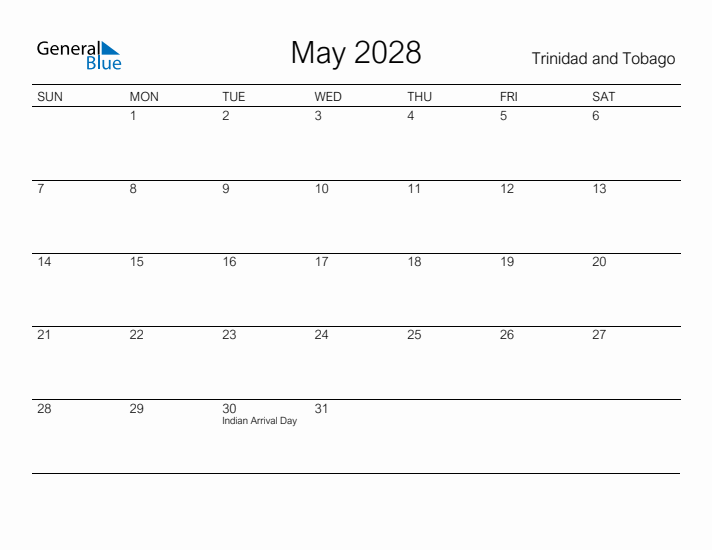 Printable May 2028 Calendar for Trinidad and Tobago