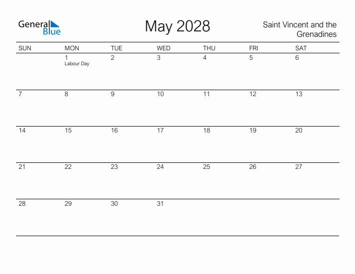 Printable May 2028 Calendar for Saint Vincent and the Grenadines
