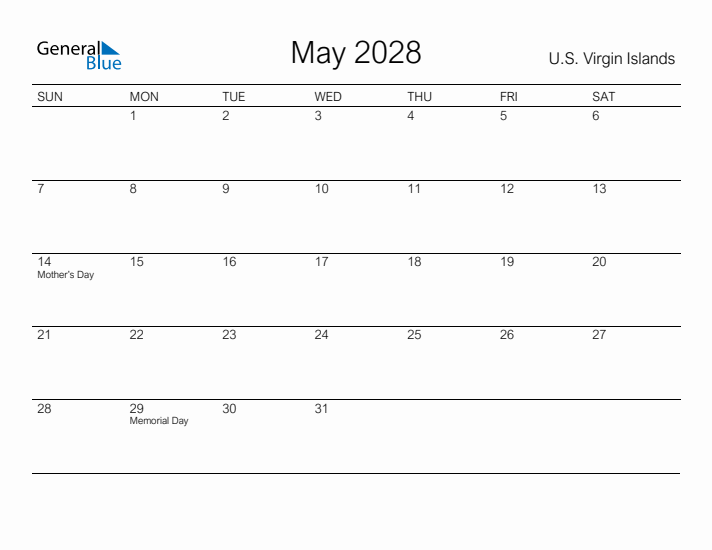 Printable May 2028 Calendar for U.S. Virgin Islands