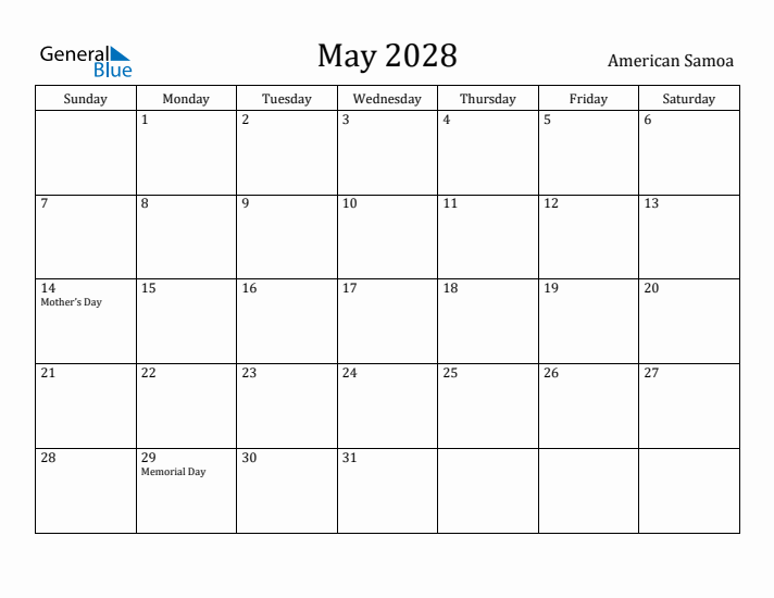 May 2028 Calendar American Samoa