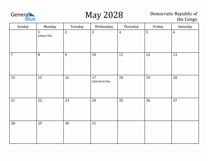 May 2028 Calendar Democratic Republic of the Congo