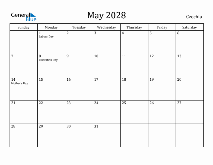 May 2028 Calendar Czechia