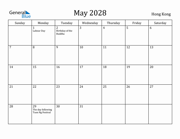 May 2028 Calendar Hong Kong