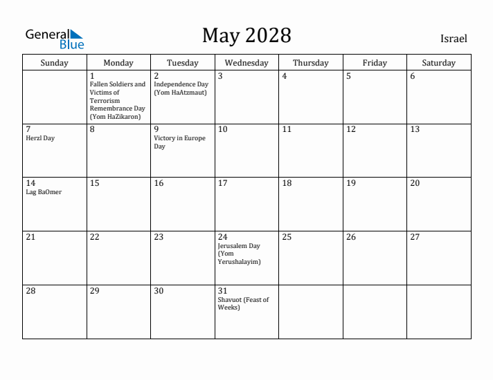May 2028 Calendar Israel