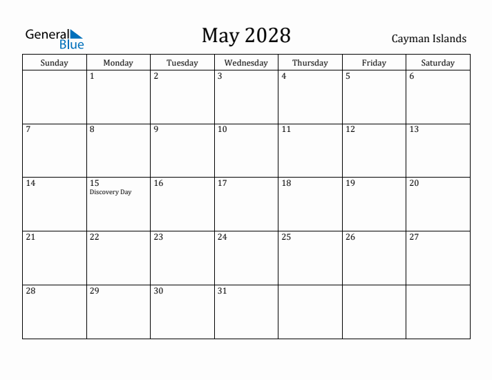 May 2028 Calendar Cayman Islands