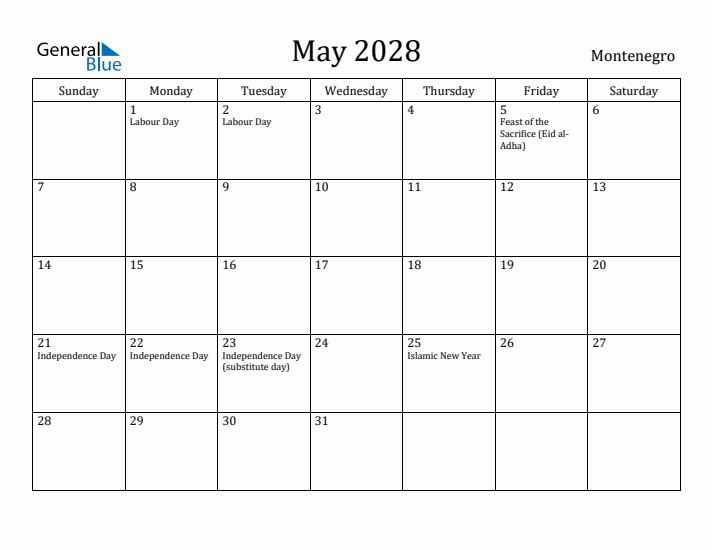 May 2028 Calendar Montenegro