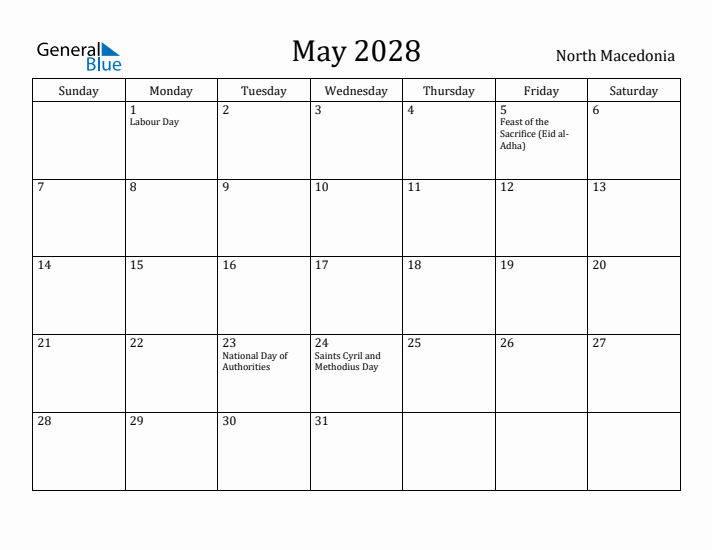 May 2028 Calendar North Macedonia