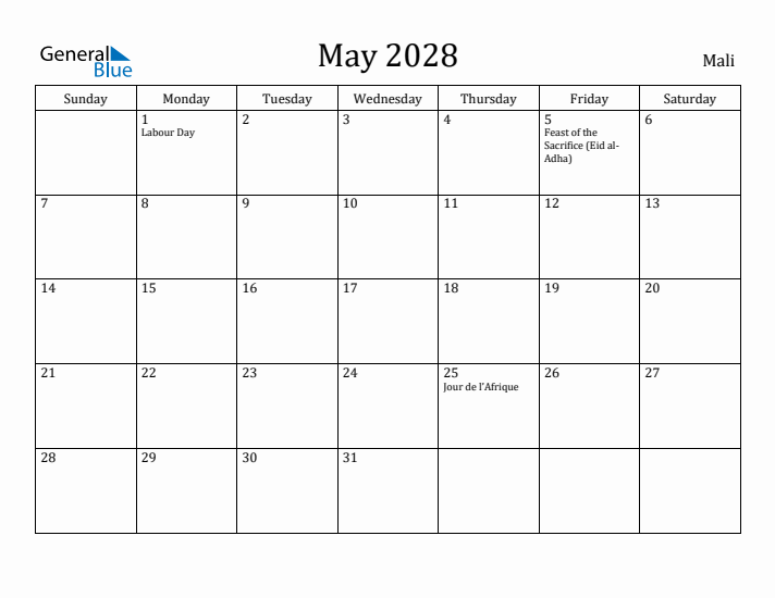 May 2028 Calendar Mali