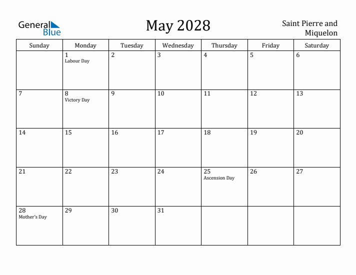 May 2028 Calendar Saint Pierre and Miquelon