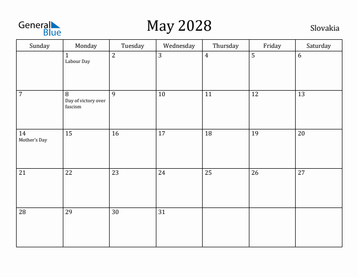 May 2028 Calendar Slovakia