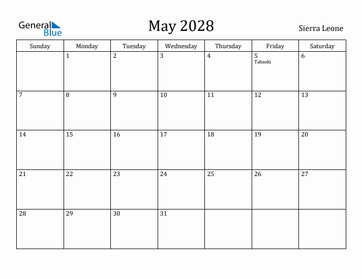 May 2028 Calendar Sierra Leone