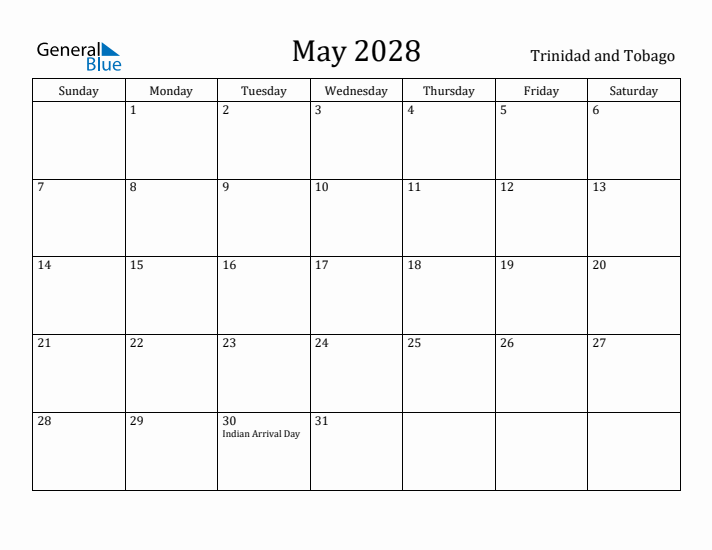 May 2028 Calendar Trinidad and Tobago