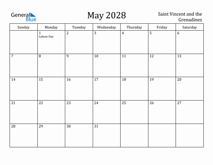 May 2028 Calendar Saint Vincent and the Grenadines