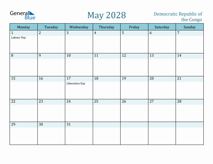 May 2028 Calendar with Holidays
