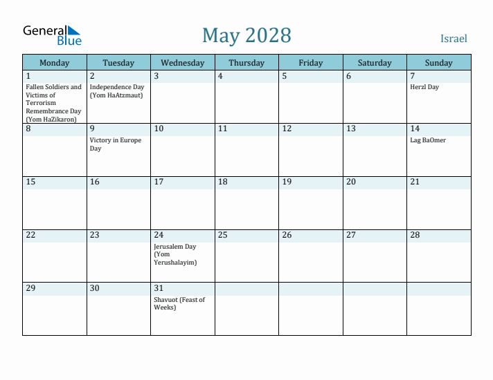 May 2028 Calendar with Holidays