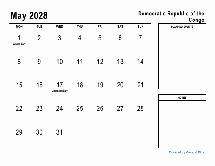 May 2028 Printable Monthly Calendar with Democratic Republic of the Congo Holidays