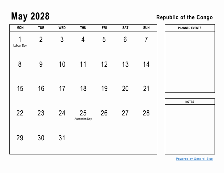 May 2028 Printable Monthly Calendar with Republic of the Congo Holidays