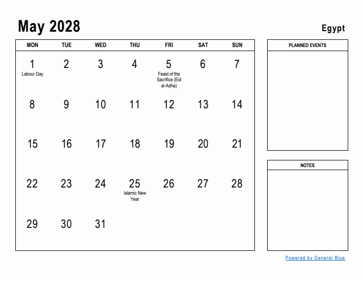 May 2028 Printable Monthly Calendar with Egypt Holidays